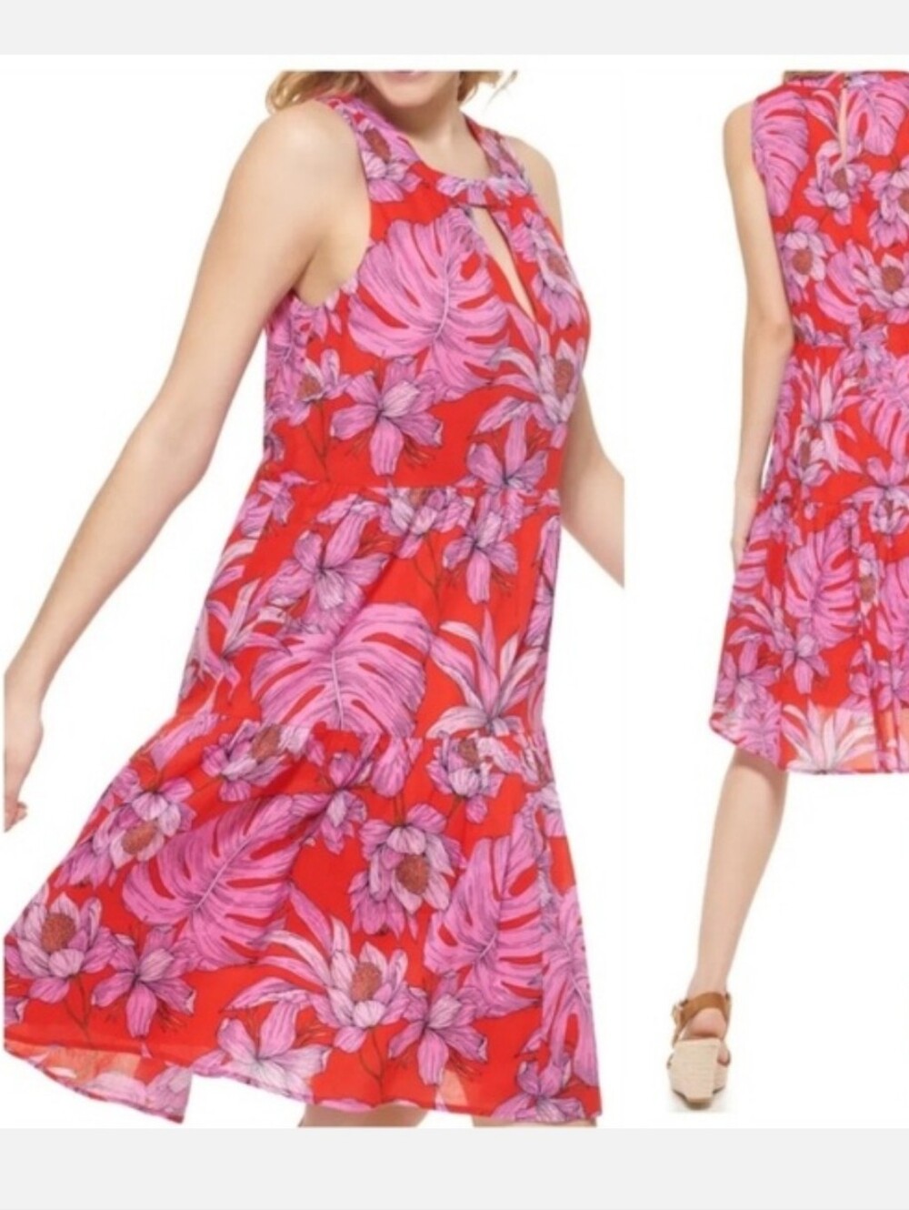 Tommy Hilfiger Gustavia Dress Cotton Red Pink Tropical Tiered Floral 16
